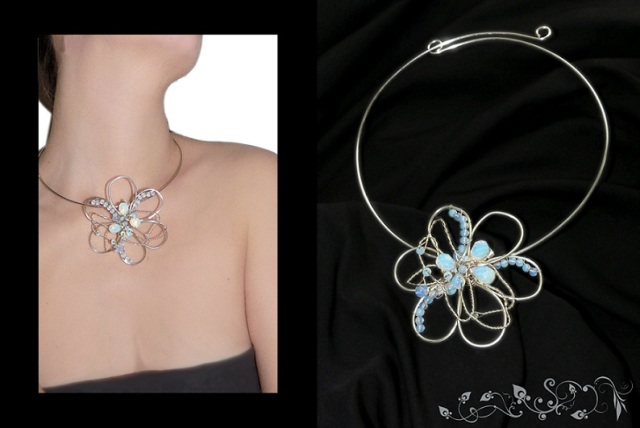 14 colier moon flower necklace bijuterii handmade jewelry opalit silver plated placat cu argint sarma wire